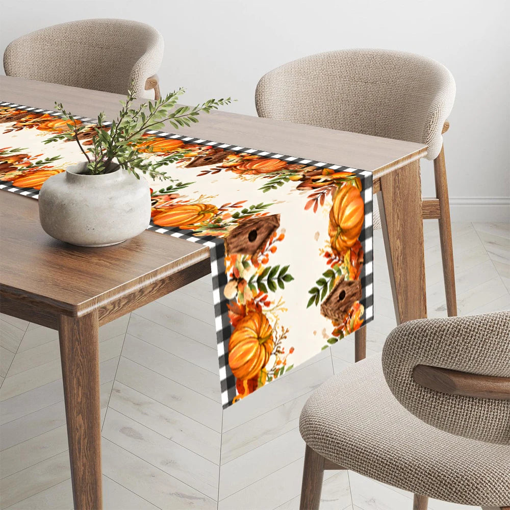 Fall Thanksgiving Table Runner Pumpkin Maple Leaf Black Buffalo Plaid Table Decor Autumn Harvest Holiday Kitchen Dining Table Ru