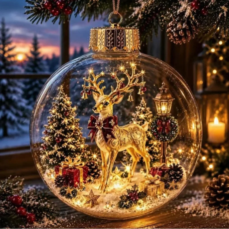 Clear Christmas Diorama Glowing Bauble Ornament — Holiday Scene Tree Decoration