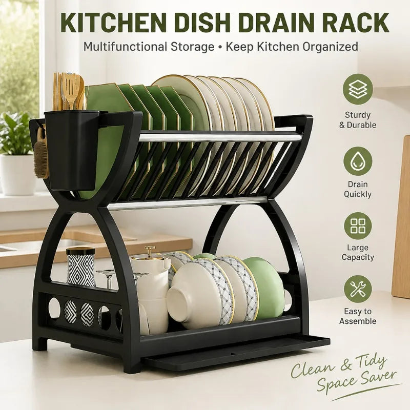 2 Tier Dish Drying Rack Kitchen Organizer Bowl Plate Storage Drainer Shelf with Utensil Holder Drip Tray Countertop Space Saver