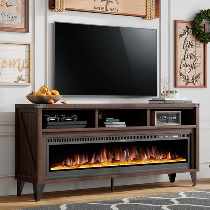 65" Fireplace TV Stand with 60" Glass Electric Fireplace — Industrial Farmhouse Media Center