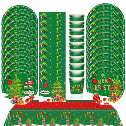 2026 Christmas New Decorations Green Party Tableware Set Disposable Paper Plates Cups Napkins For New Year Eve Dinner Supplies