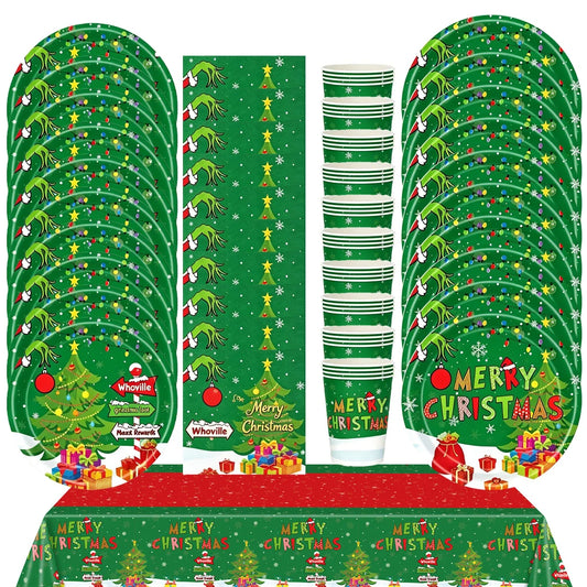 2026 Christmas New Decorations Green Party Tableware Set Disposable Paper Plates Cups Napkins For New Year Eve Dinner Supplies