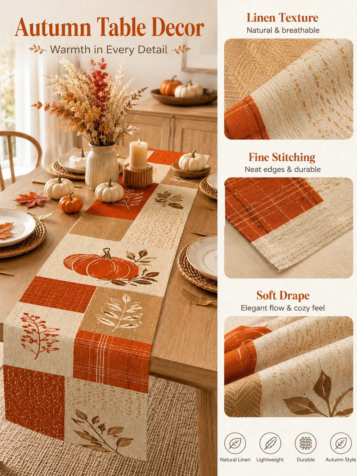 Fall Harvest Linen Table Runner, 2D Patchwork Pumpkin Autumn Leaf Print, Multiple Sizes,  Ideal Thanksgiving Tabletop Decoration