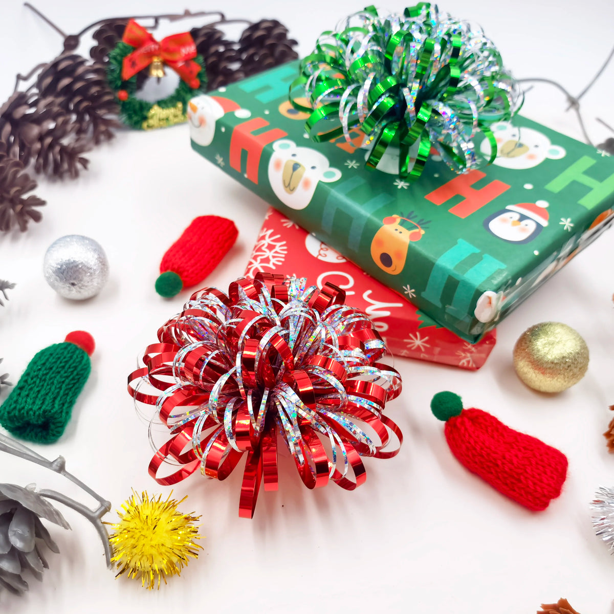 Firework Gift Bows 4-Pack – Mixed Color PET Pom Pom Bows for Christmas, Birthdays & Parties