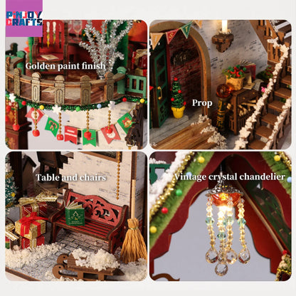 Christmas Snow Scene Wooden DIY Miniature House Kit – LED 3D Puzzle & Creative Holiday Gift