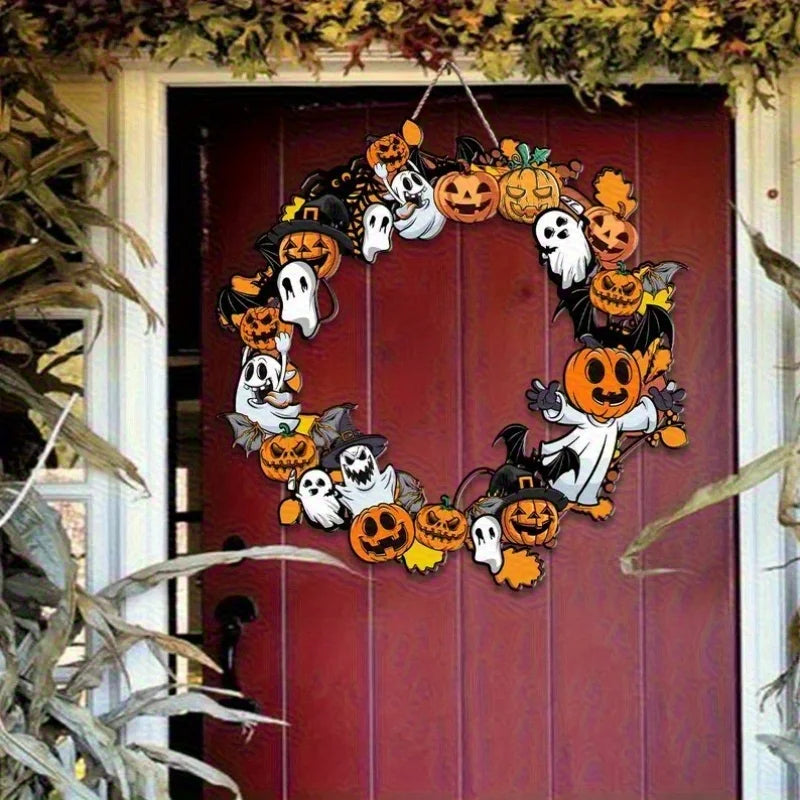 Halloween Pumpkin & Ghost Wooden Wall Sign — Hanging Plaque for Wreaths, Doors & Home Decor