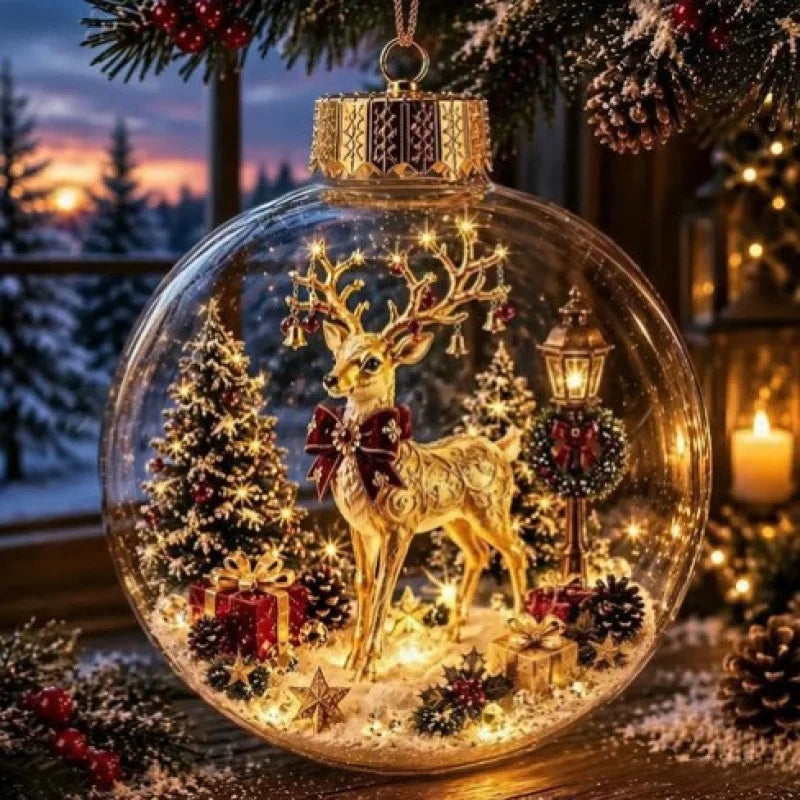 Clear Christmas Diorama Glowing Bauble Ornament — Holiday Scene Tree Decoration