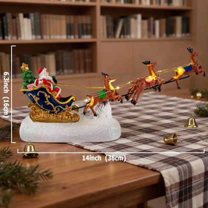 Christmas Village Santa Sleigh & Reindeer Figurine – Lighted Musical Tabletop Décor