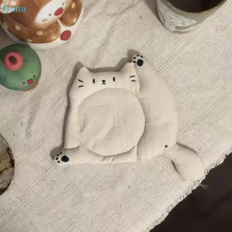 Cute Cat-Shaped Fabric Coasters — Soft Padded Linen Cup Mats for Home & Desk