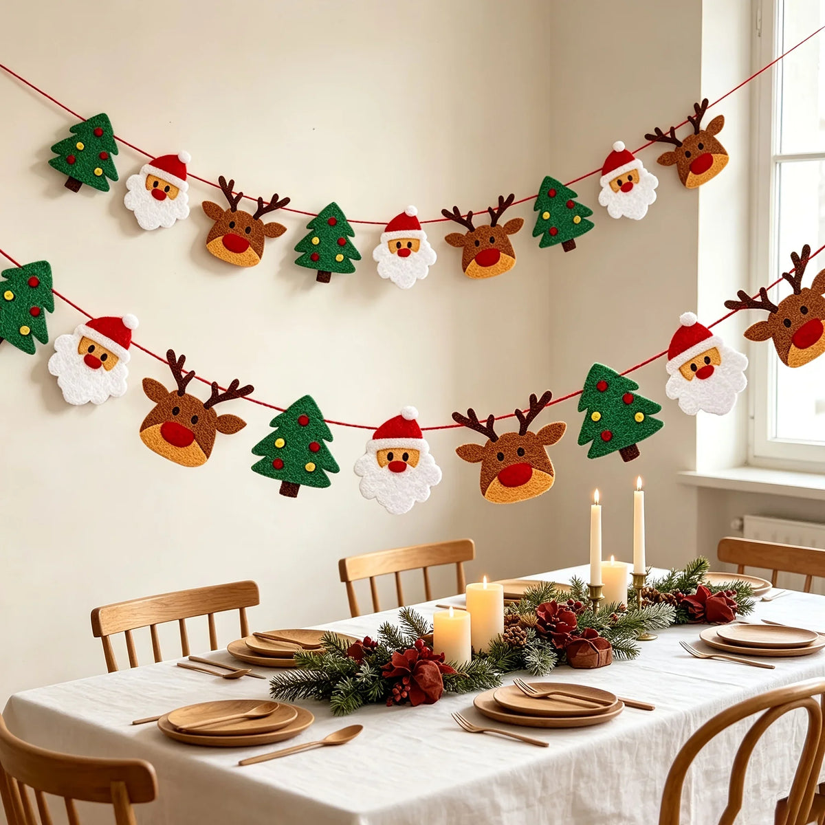 Christmas Felt Banner Bunting – Reindeer, Santa & Xmas Tree Hanging Garland