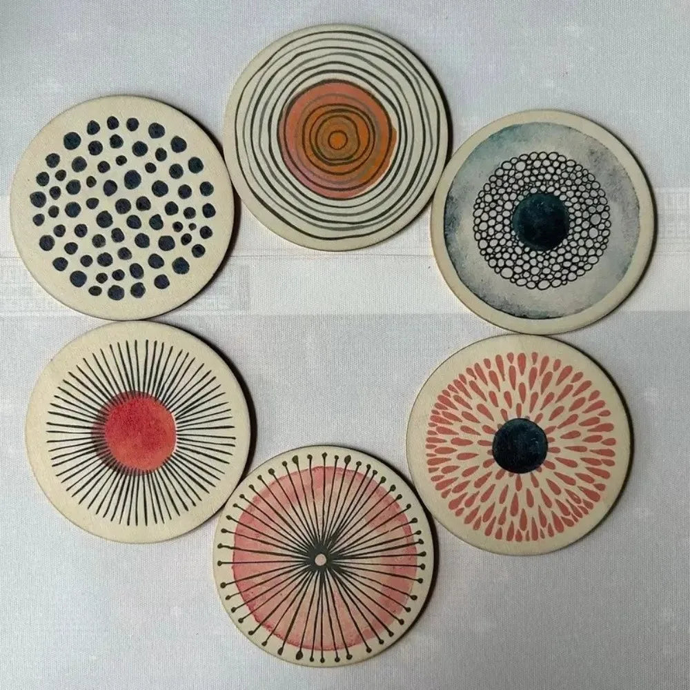 Wooden Circular Patterned Coasters — Set of 6 Eco-Friendly Heat-Resistant Cup Mats