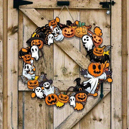Halloween Pumpkin & Ghost Wooden Wall Sign — Hanging Plaque for Wreaths, Doors & Home Decor