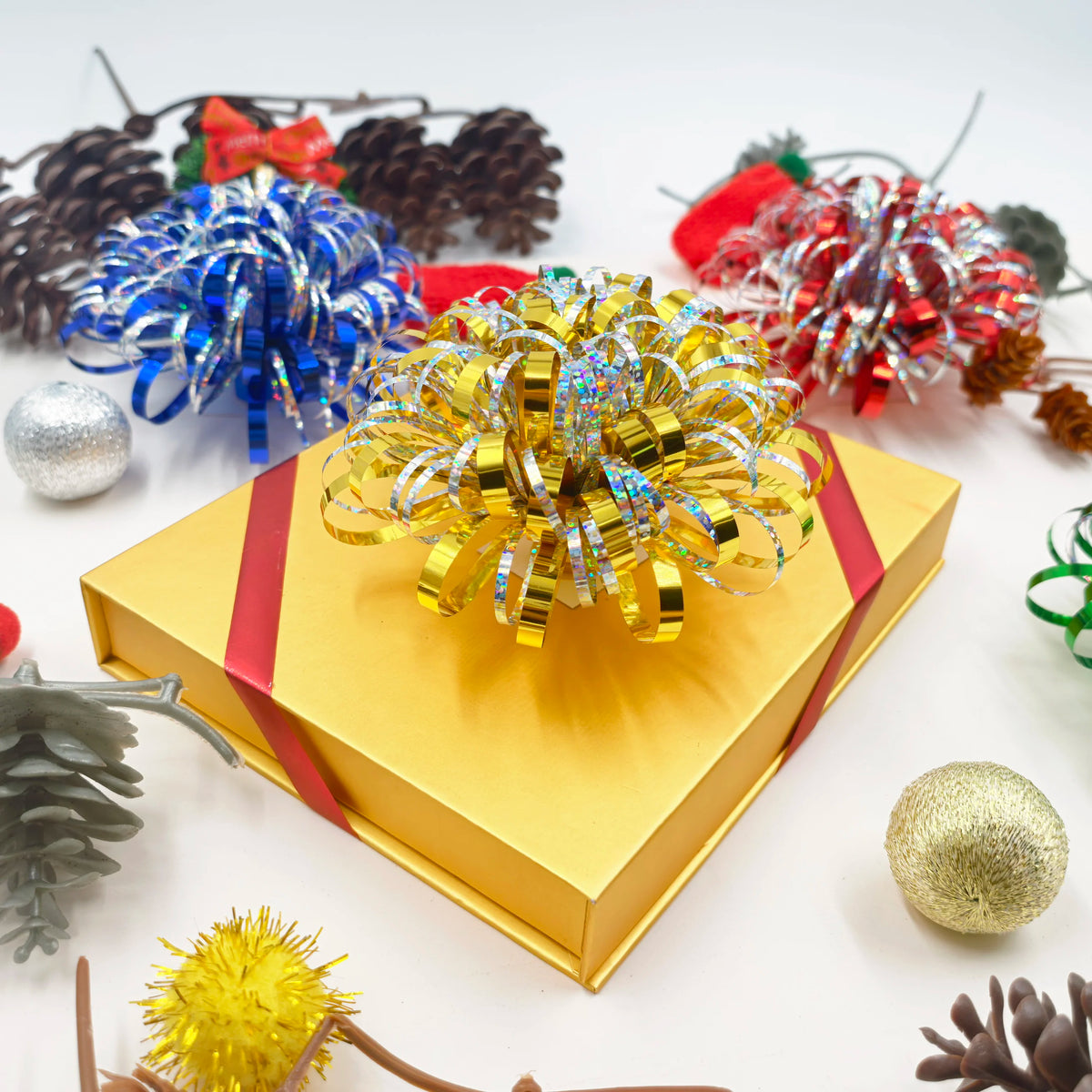 Firework Gift Bows 4-Pack – Mixed Color PET Pom Pom Bows for Christmas, Birthdays & Parties