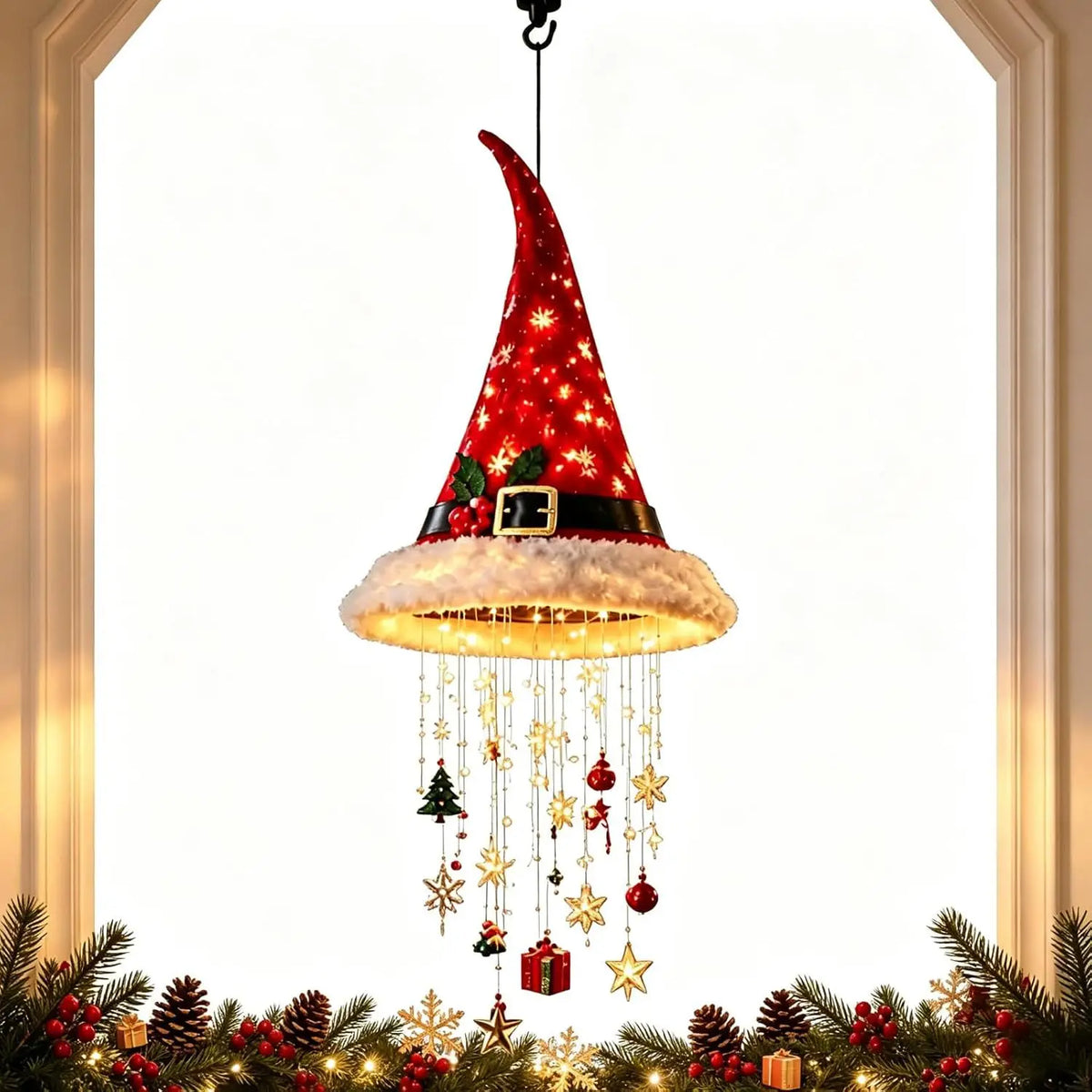 Christmas Santa Hat LED Hanging Light – Warm Glowing Chandelier String Light for Stairs & Home