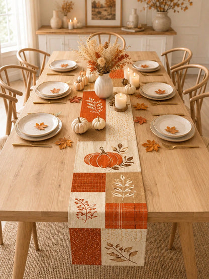 Fall Harvest Linen Table Runner, 2D Patchwork Pumpkin Autumn Leaf Print, Multiple Sizes,  Ideal Thanksgiving Tabletop Decoration