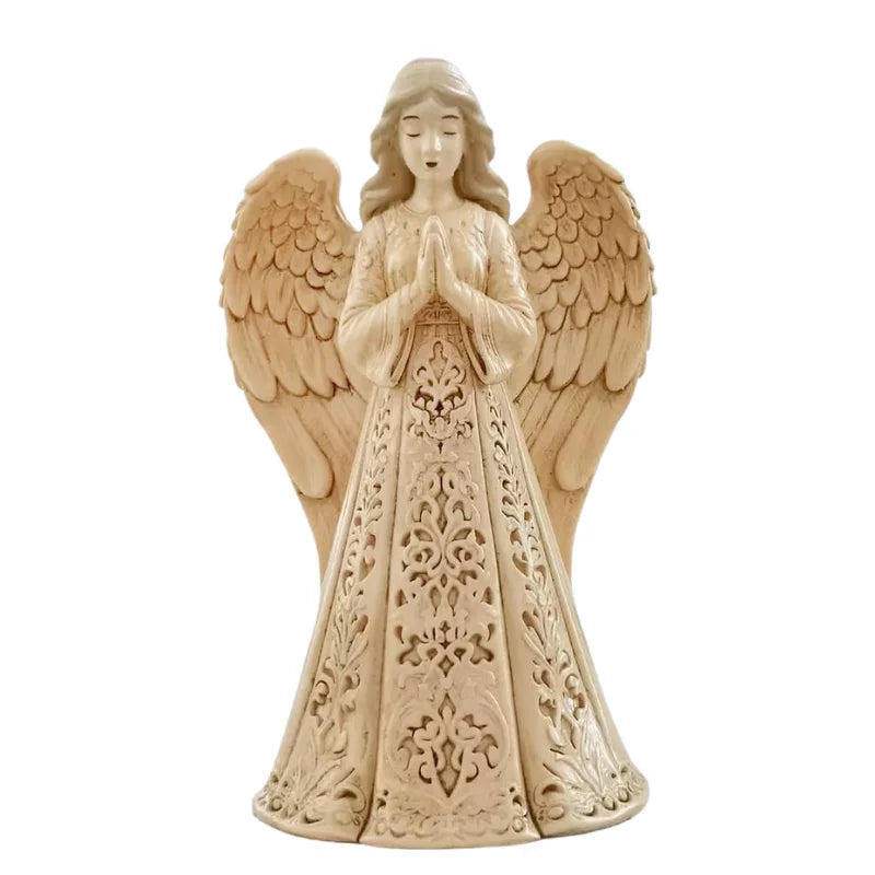 Christmas Praying Angel Statue with Warm LED Light – Hollow Resin Holiday Décor