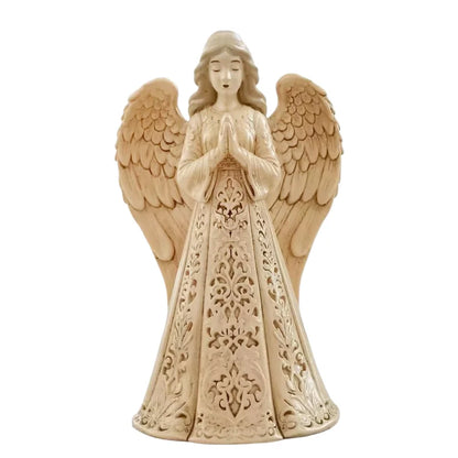 Christmas Praying Angel Statue with Warm LED Light – Hollow Resin Holiday Décor