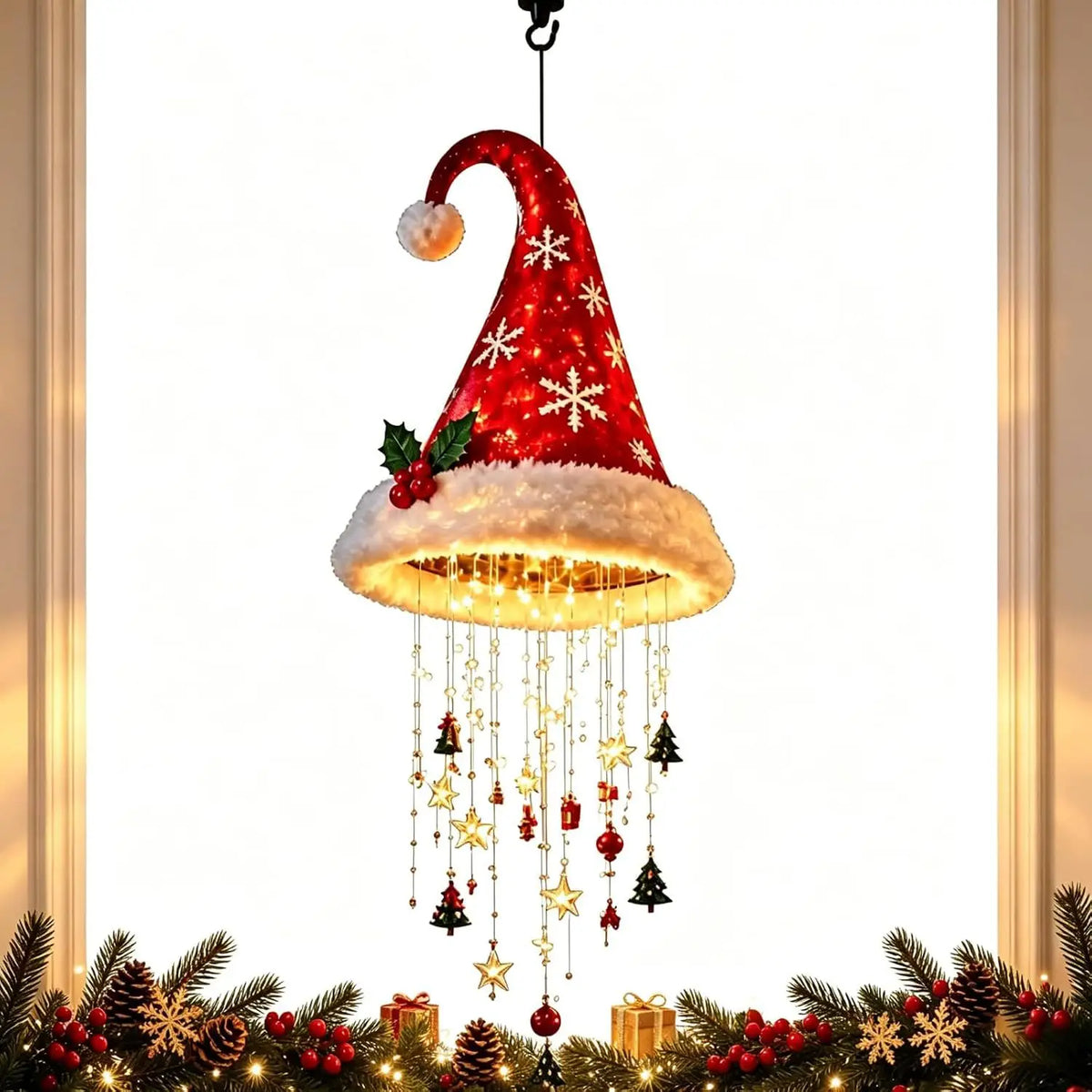 Christmas Santa Hat LED Hanging Light – Warm Glowing Chandelier String Light for Stairs & Home