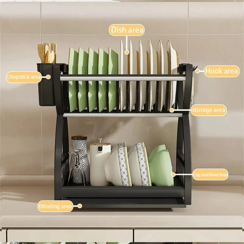 2 Tier Dish Drying Rack Kitchen Organizer Bowl Plate Storage Drainer Shelf with Utensil Holder Drip Tray Countertop Space Saver