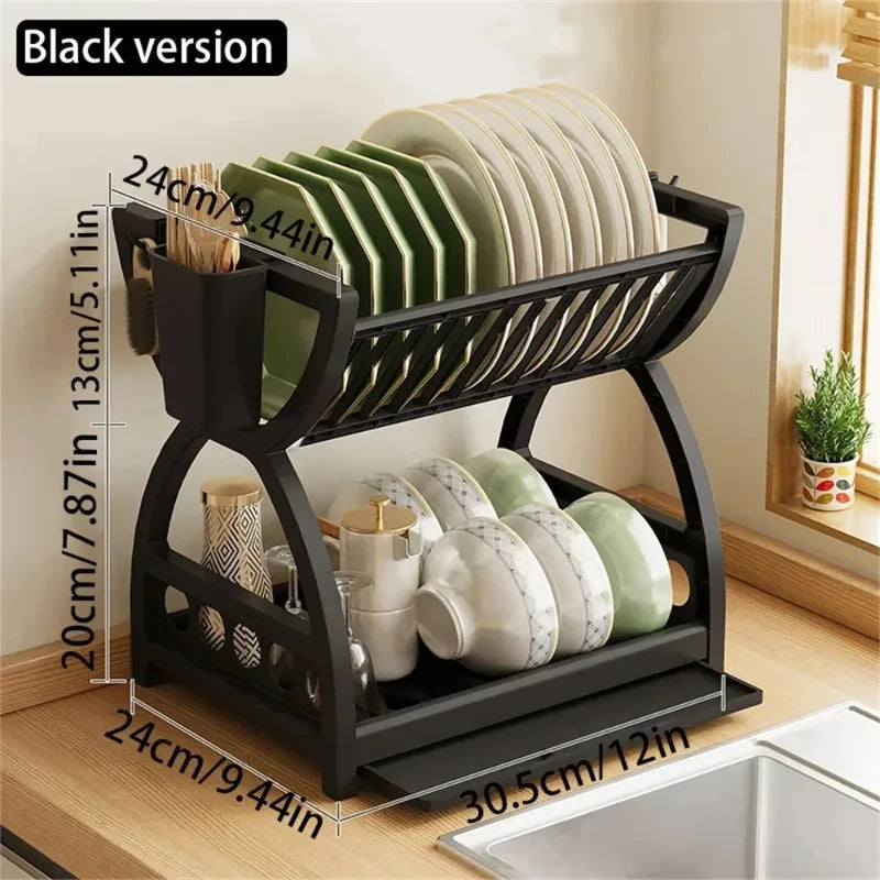 2 Tier Dish Drying Rack Kitchen Organizer Bowl Plate Storage Drainer Shelf with Utensil Holder Drip Tray Countertop Space Saver