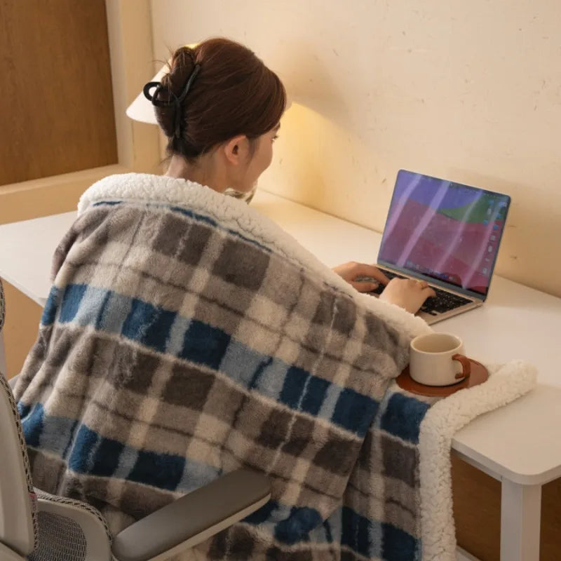 Thickened Double Layer Plaid Plush Blanket Faux Cashmere Autumn Winter Warm Bed Blanket Soft Cozy Sherpa Fleece Throw for Sofa