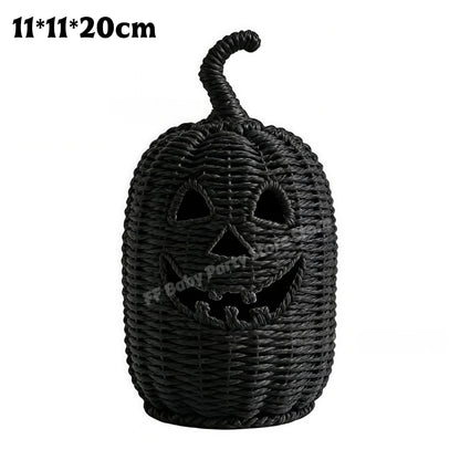 Hand-Woven Wicker Pumpkin Lantern with Witch Hat — Halloween Candle Holder & Fall Decor
