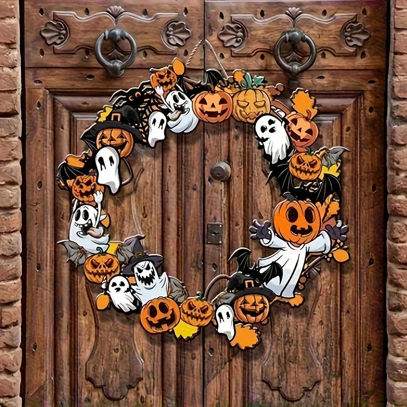 Halloween Pumpkin & Ghost Wooden Wall Sign — Hanging Plaque for Wreaths, Doors & Home Decor