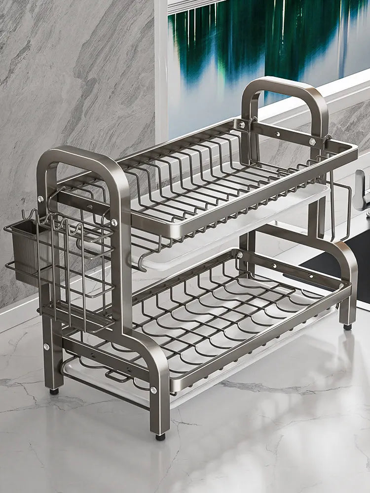 Dish Drying Rack 2 Tier, Dish Rack for Kitchen with Drip Trays, Plate Rack, Knife Holder, Cutlery Basket, Cutting Board Holder