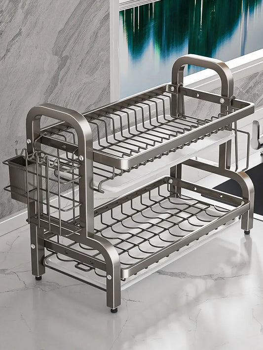 Dish Drying Rack 2 Tier, Dish Rack for Kitchen with Drip Trays, Plate Rack, Knife Holder, Cutlery Basket, Cutting Board Holder
