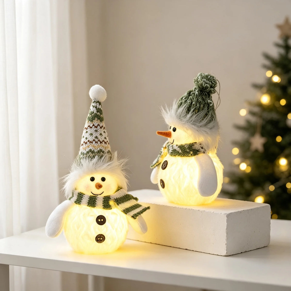 Christmas Lighted Snowman Figurine — Plush Holiday Tabletop Decor