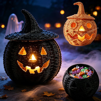 Hand-Woven Wicker Pumpkin Lantern with Witch Hat — Halloween Candle Holder & Fall Decor
