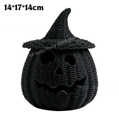 Hand-Woven Wicker Pumpkin Lantern with Witch Hat — Halloween Candle Holder & Fall Decor