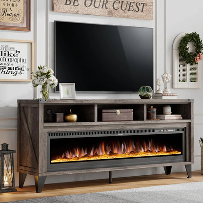 65" Fireplace TV Stand with 60" Glass Electric Fireplace — Industrial Farmhouse Media Center