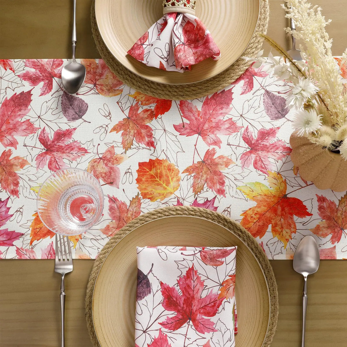 Fall Table Runner Printed Thanksgiving Maple Leaf Linen Runners, Seasonal Autumn Holiday Table Decor for Kitchen, Dining, Party