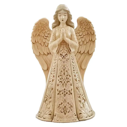 Christmas Praying Angel Statue with Warm LED Light – Hollow Resin Holiday Décor