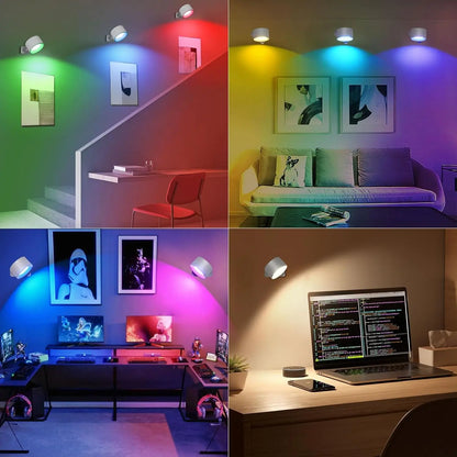RGB LED Wall Sconce — Battery USB Rechargeable, Touch Control, 360° Rotation, 3-Level Brightness