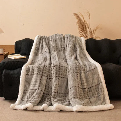 Thickened Double Layer Plaid Plush Blanket Faux Cashmere Autumn Winter Warm Bed Blanket Soft Cozy Sherpa Fleece Throw for Sofa