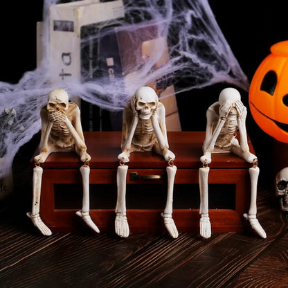 See No Evil Skeleton Figurine Set — Resin Skull Bookshelf & Halloween Decor