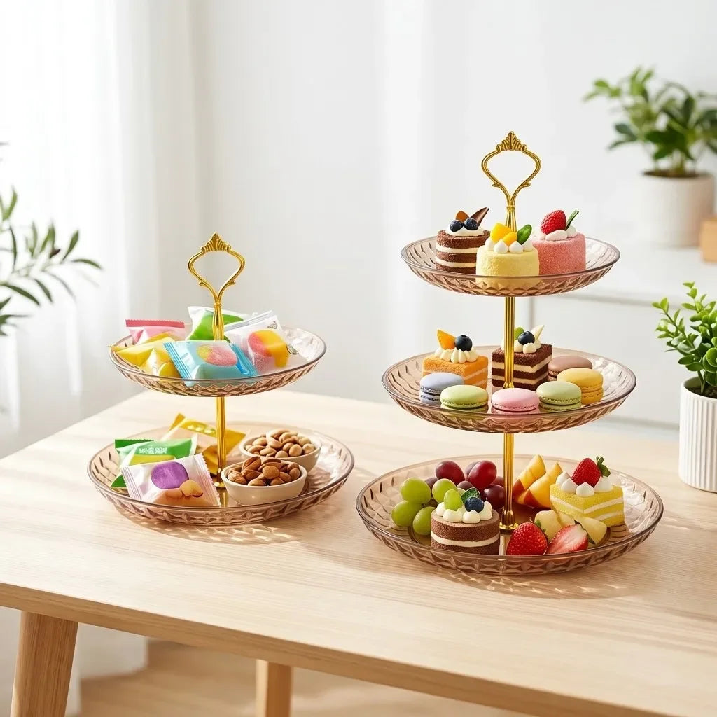 2/3 Tier Serving Tray Cake Stand Reusable Plastic Plates Serving Dishes Dessert Plate Fruit Bowl Snack Dish PET Food Tray Handle