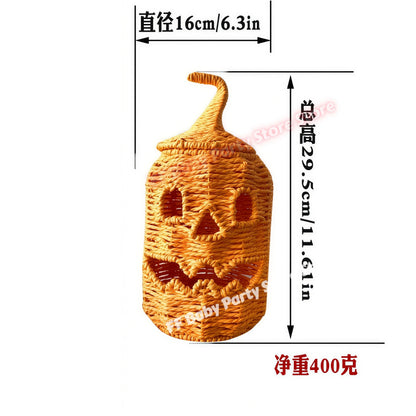 Hand-Woven Wicker Pumpkin Lantern with Witch Hat — Halloween Candle Holder & Fall Decor
