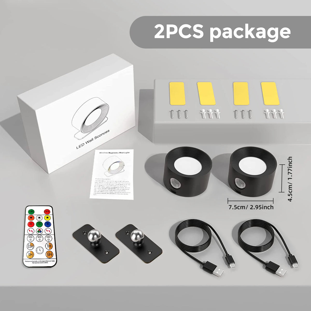 RGB LED Wall Sconce — Battery USB Rechargeable, Touch Control, 360° Rotation, 3-Level Brightness