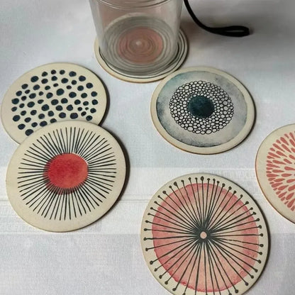 Wooden Circular Patterned Coasters — Set of 6 Eco-Friendly Heat-Resistant Cup Mats