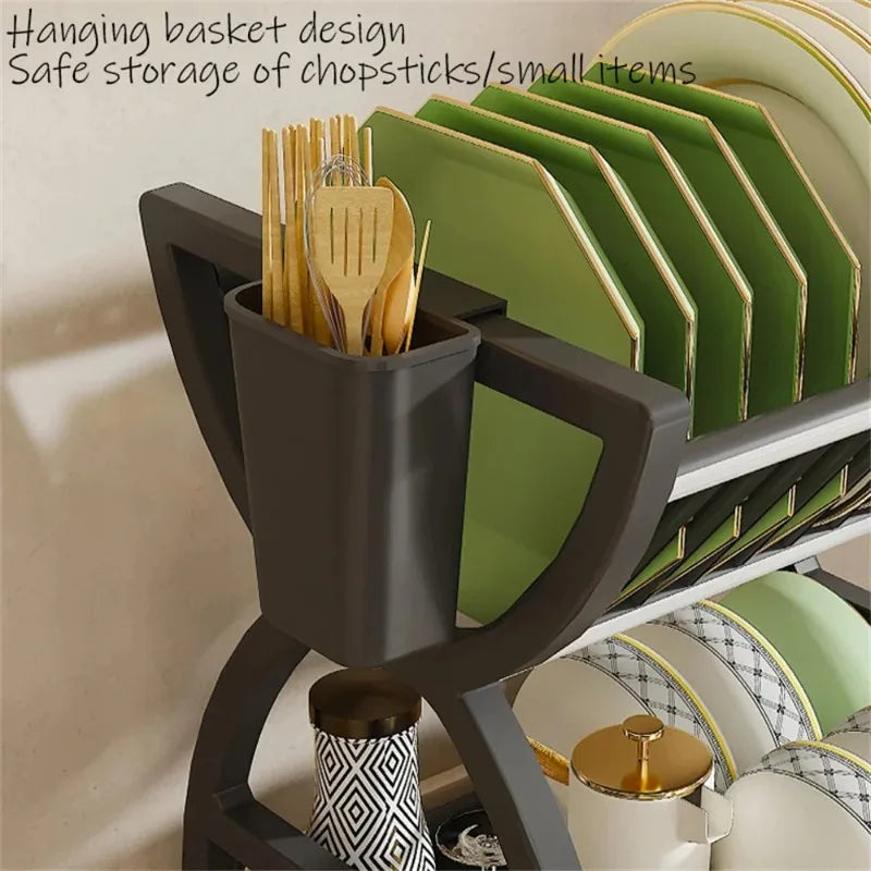 2 Tier Dish Drying Rack Kitchen Organizer Bowl Plate Storage Drainer Shelf with Utensil Holder Drip Tray Countertop Space Saver