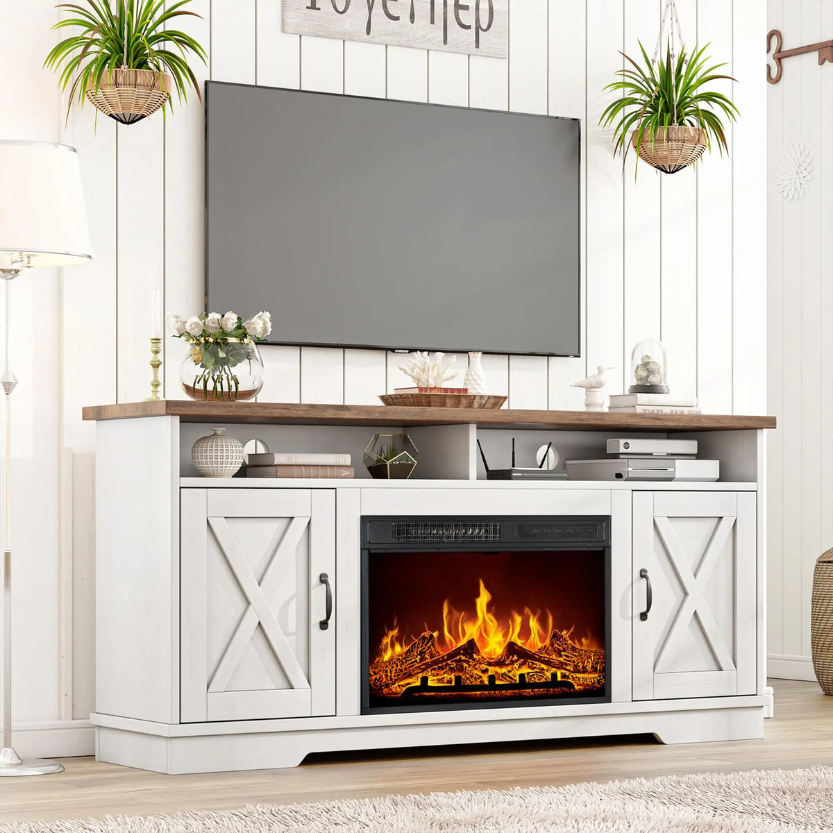 63" Farmhouse Fireplace TV Stand with 26" Electric Fireplace