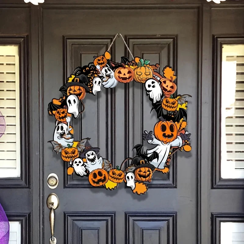 Halloween Pumpkin & Ghost Wooden Wall Sign — Hanging Plaque for Wreaths, Doors & Home Decor