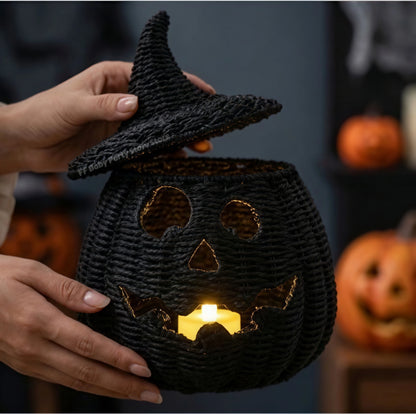 Hand-Woven Wicker Pumpkin Lantern with Witch Hat — Halloween Candle Holder & Fall Decor