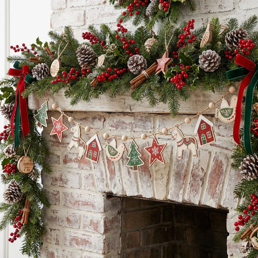 Scandinavian Christmas Wooden Garland with Wood Beads & Hemp Rope