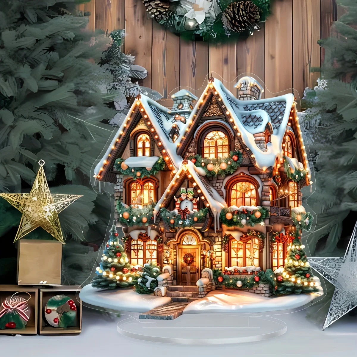 Christmas Acrylic Hanging Ornament – 2D Castle & Snow House Pendant
