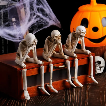 See No Evil Skeleton Figurine Set — Resin Skull Bookshelf & Halloween Decor