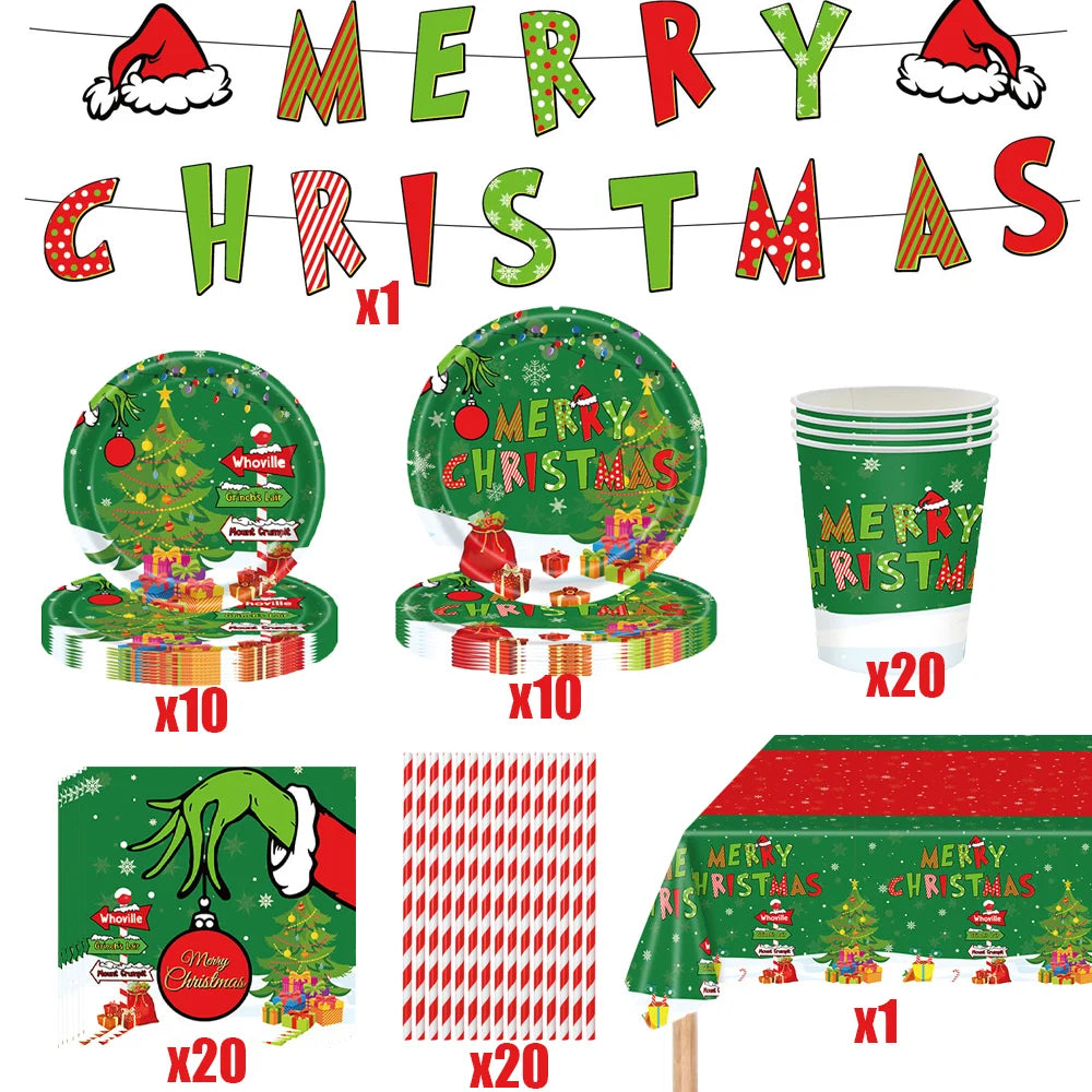 2026 Christmas New Decorations Green Party Tableware Set Disposable Paper Plates Cups Napkins For New Year Eve Dinner Supplies